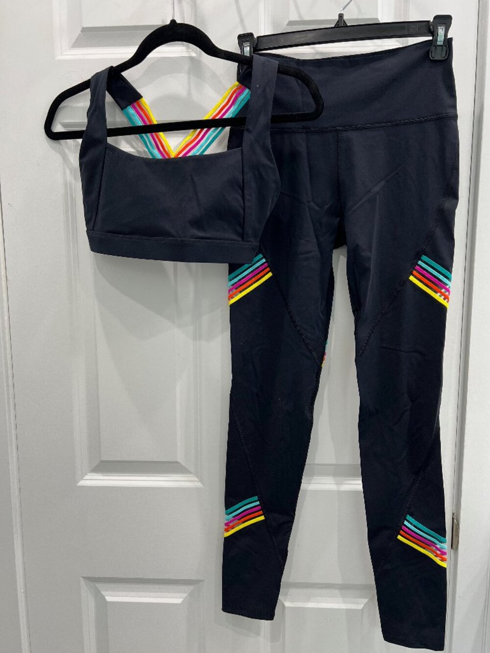 Soul Cycle brand sports bra (M) & leggings (S); black with bright accents